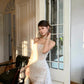 Chic White Sheath Strapless Floral Lace Corset Tulle Prom Dress Evening Dress L308