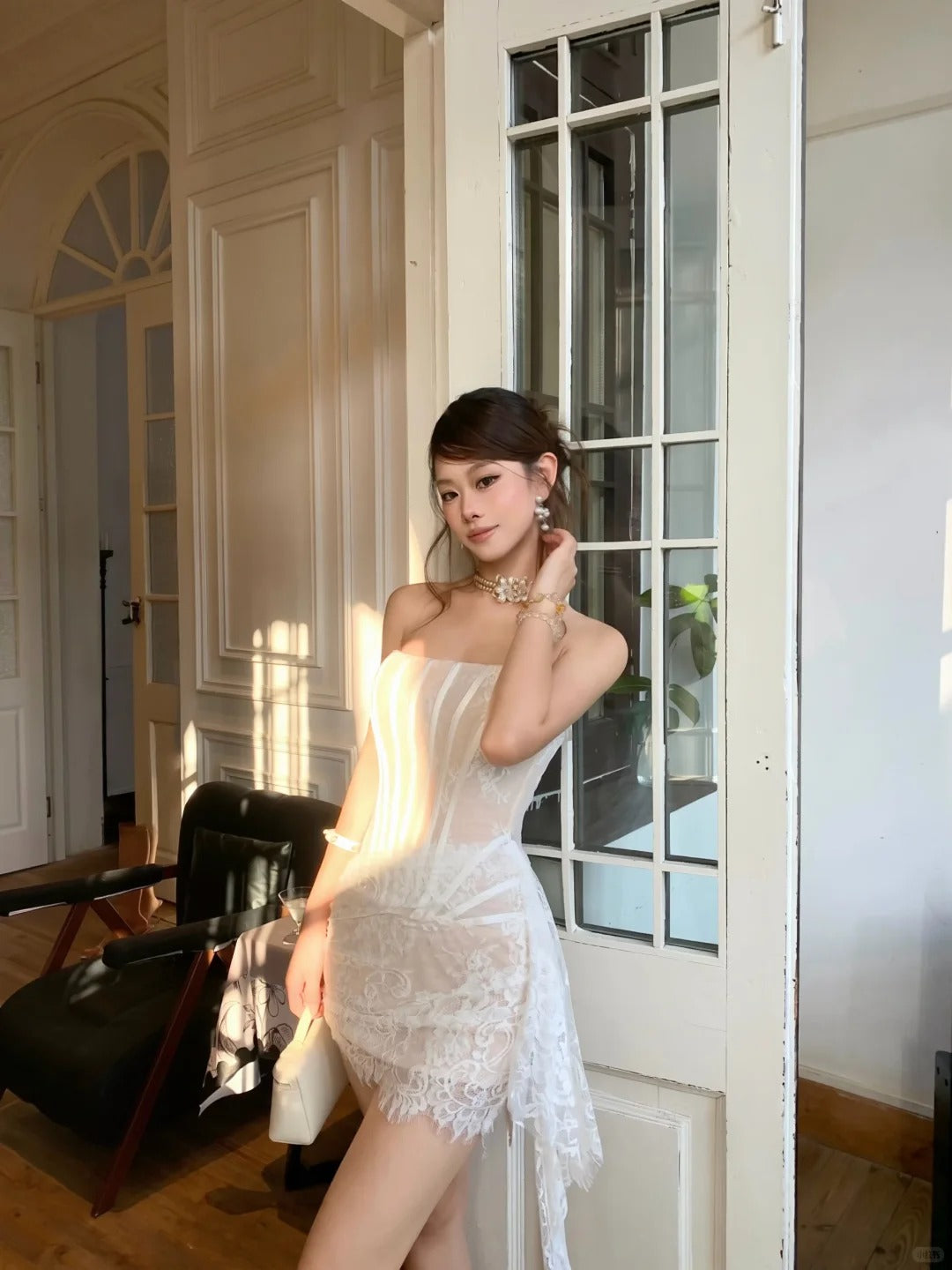 Chic White Sheath Strapless Floral Lace Corset Tulle Prom Dress Evening Dress L308