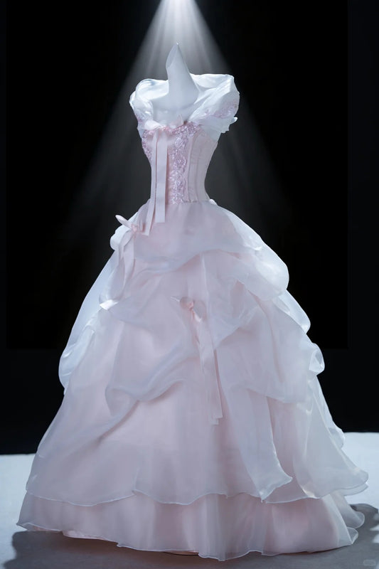 Dreamy Pink Ball Gown Off-The-Shoulder Embroidery Bow Tulle Dress Quinceanera Dress 16 L309