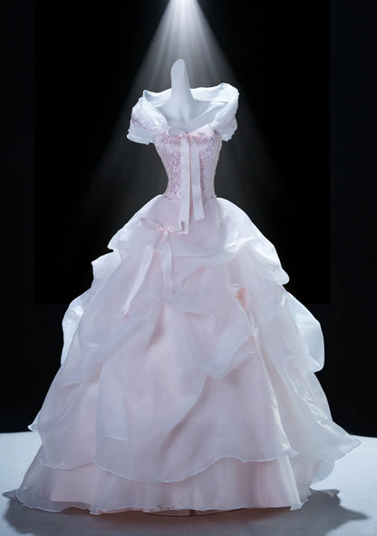 Dreamy Pink Ball Gown Off-The-Shoulder Embroidery Bow Tulle Dress Quinceanera Dress 16 L309