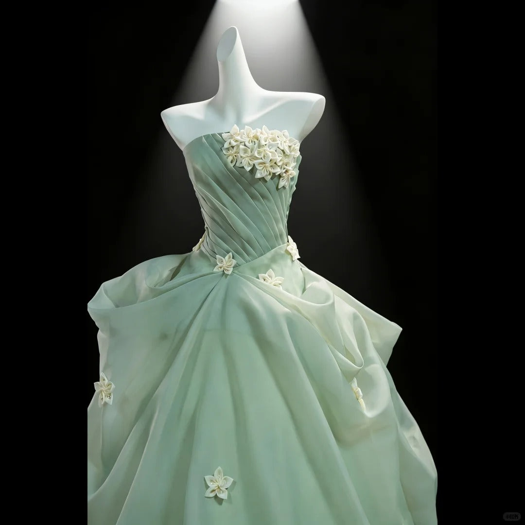 Pretty Green Ball Gown Strapless Handmade Flowers Ruched Tulle Dress Quinceanera Dress 16 L310
