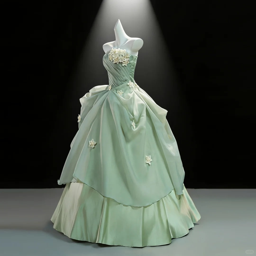 Pretty Green Ball Gown Strapless Handmade Flowers Ruched Tulle Dress Quinceanera Dress 16 L310