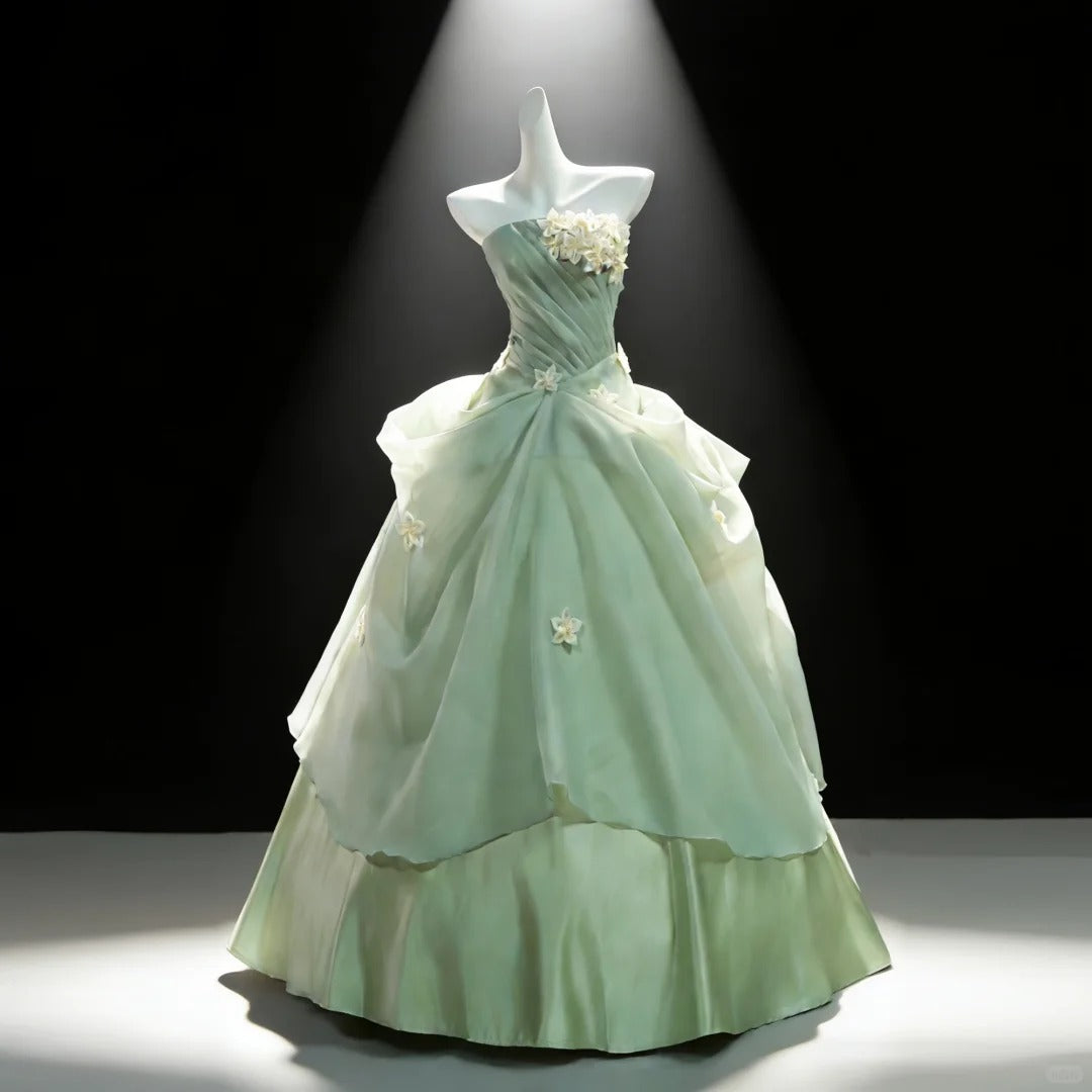 Pretty Green Ball Gown Strapless Handmade Flowers Ruched Tulle Dress Quinceanera Dress 16 L310