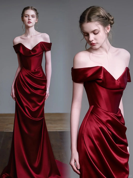 Modest Burgundy Mermaid Off-The-Shoulder Ruched Satin Dress Prom Dress Evening Dress L311