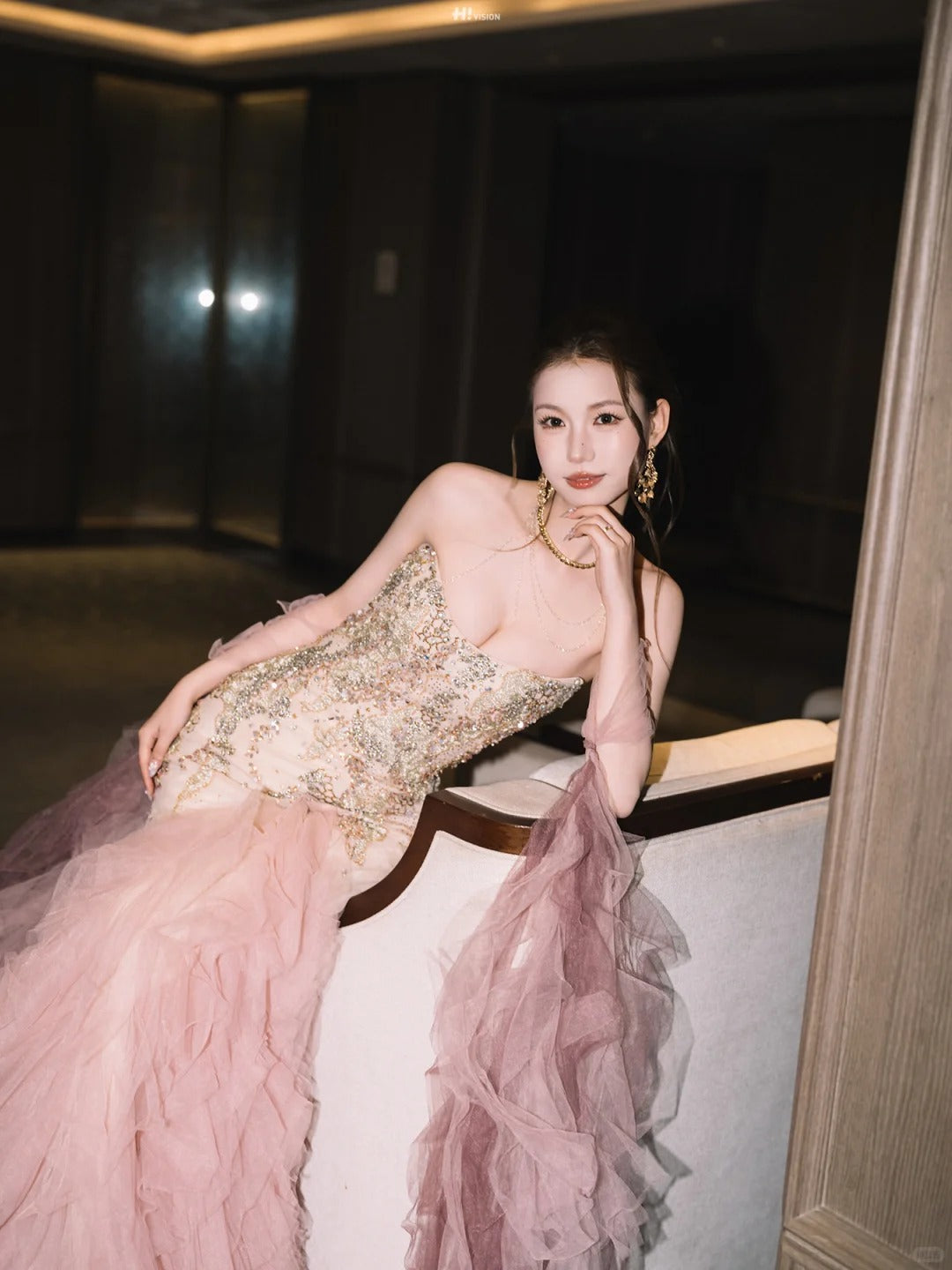 Gorgeous Pink Mermaid Sweetheart Appliques Rhinestone Tulle Dress Prom Dress Evening Dress L312