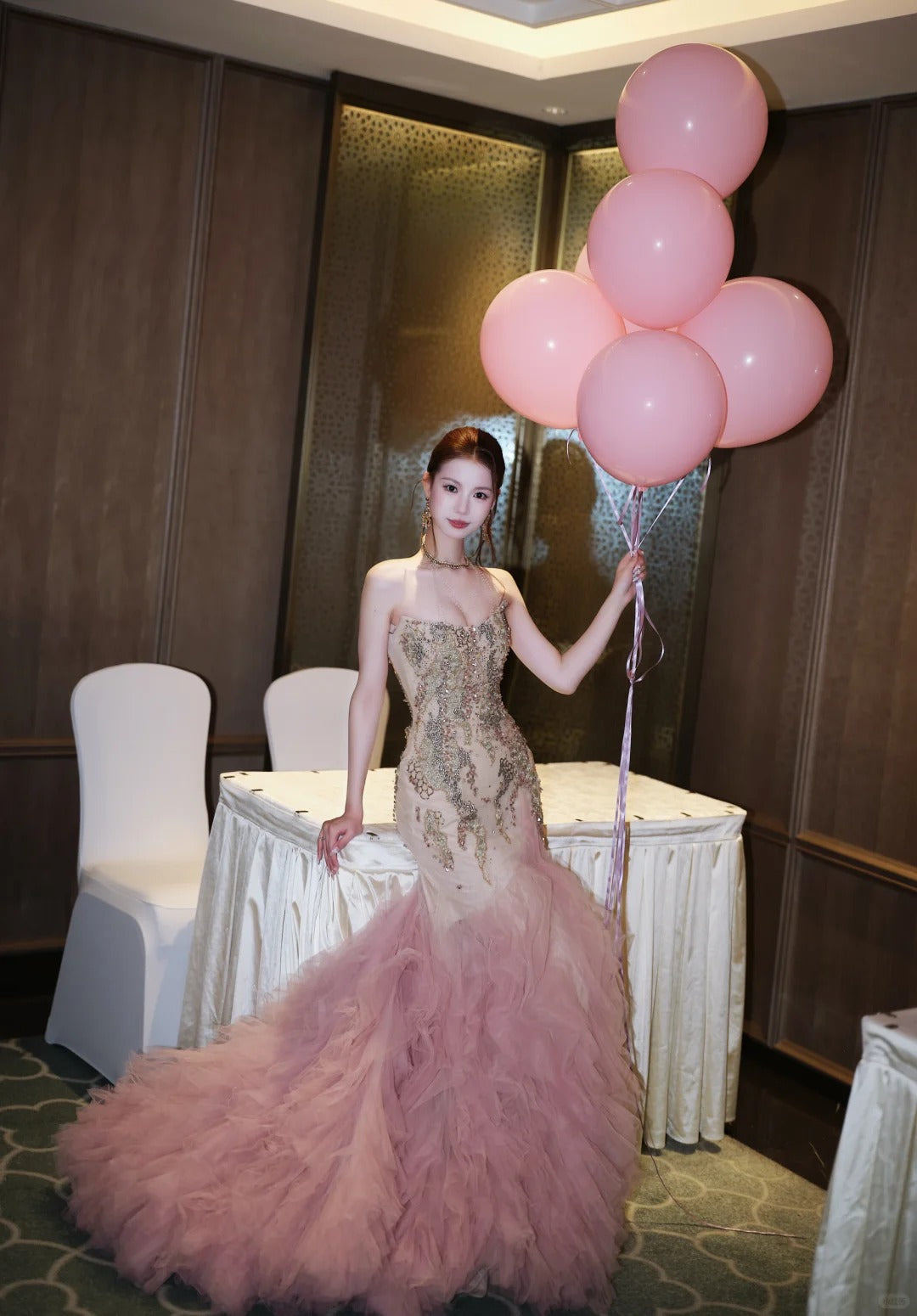 Gorgeous Pink Mermaid Sweetheart Appliques Rhinestone Tulle Dress Prom Dress Evening Dress L312