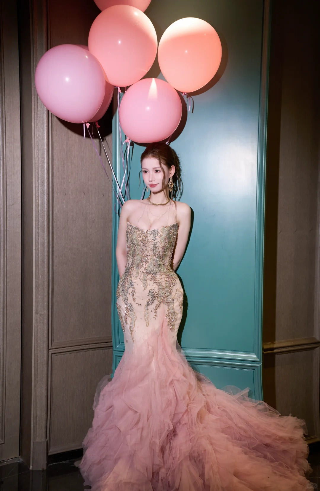 Gorgeous Pink Mermaid Sweetheart Appliques Rhinestone Tulle Dress Prom Dress Evening Dress L312
