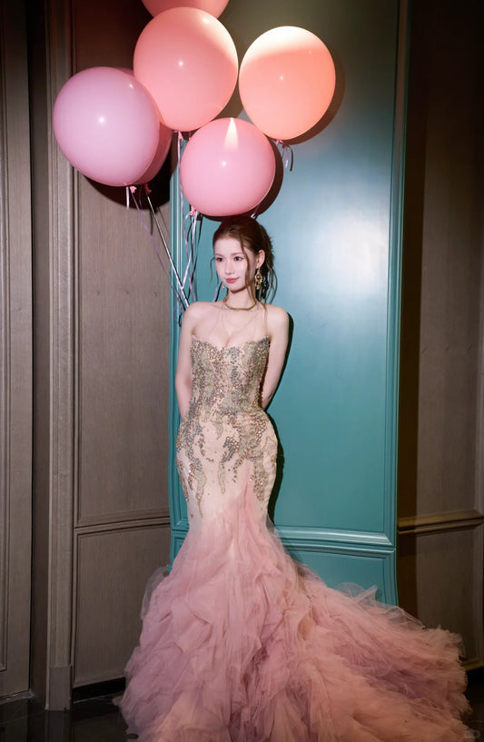 Gorgeous Pink Mermaid Sweetheart Appliques Rhinestone Tulle Dress Prom Dress Evening Dress L312