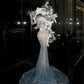 Fairy Blue Mermaid V-Neck Rhinestone Sequins Beaded Tulle Dress Prom Dress Evening Dress L313