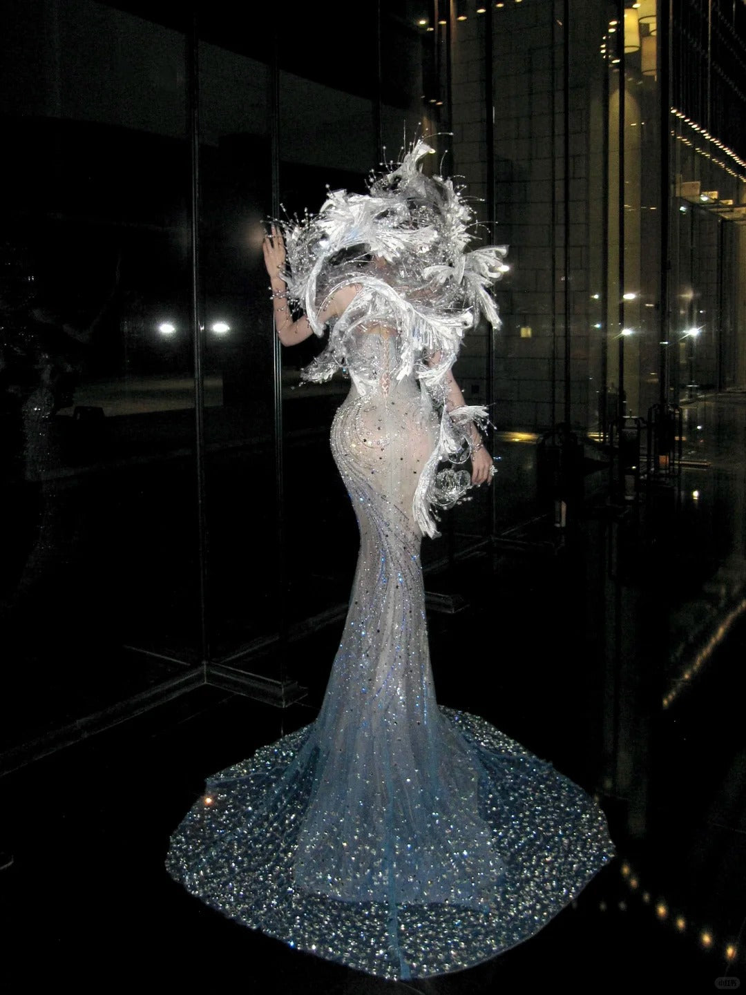 Fairy Blue Mermaid V-Neck Rhinestone Sequins Beaded Tulle Dress Prom Dress Evening Dress L313