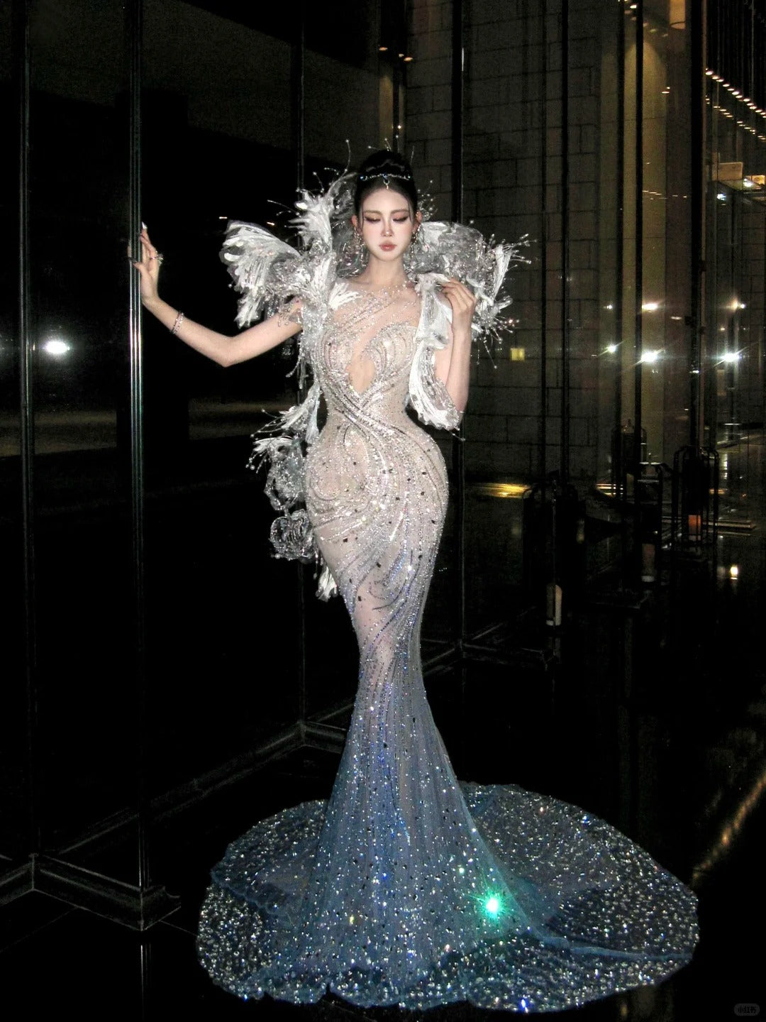 Fairy Blue Mermaid V-Neck Rhinestone Sequins Beaded Tulle Dress Prom Dress Evening Dress L313