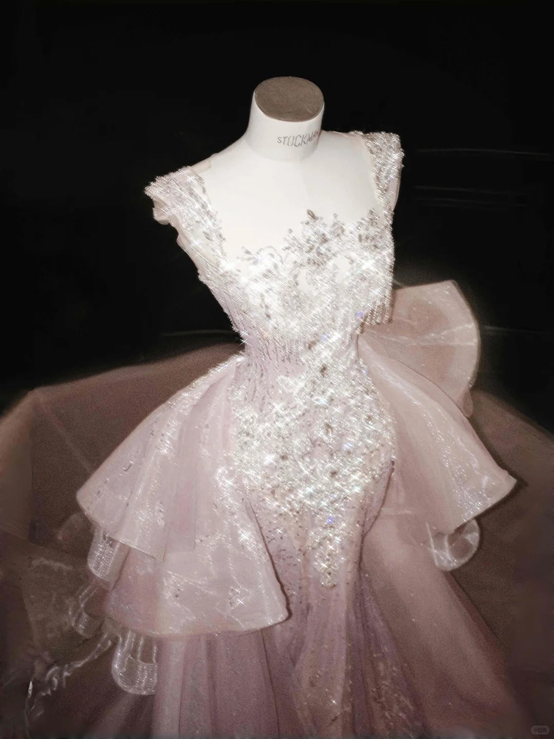 Pretty Pink Tulle Wedding Dress Square Sequins Rhinestone Detachable Overskirt Mermaid Ballroom Wedding Dress L315