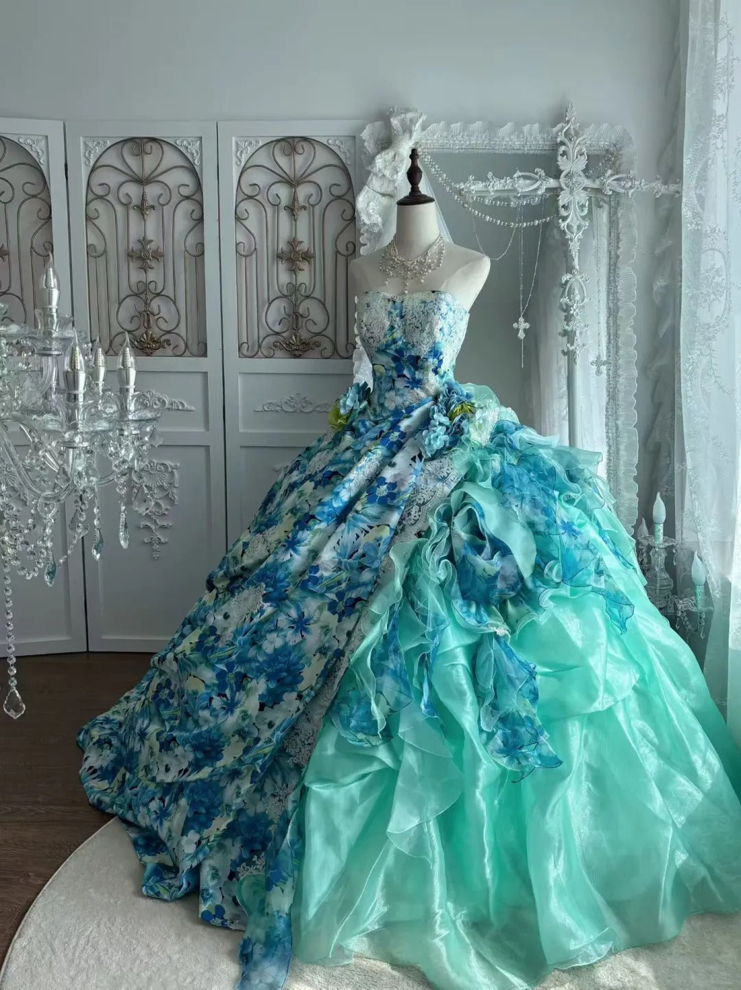 Princess Turquoise Ball Gown Strapless Floral Print Lace Flowers Organza Dress  Quinceanera 16 L316