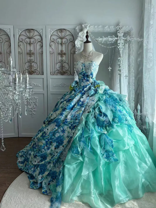 Princess Turquoise Ball Gown Strapless Floral Print Lace Flowers Organza Dress  Quinceanera 16 L316
