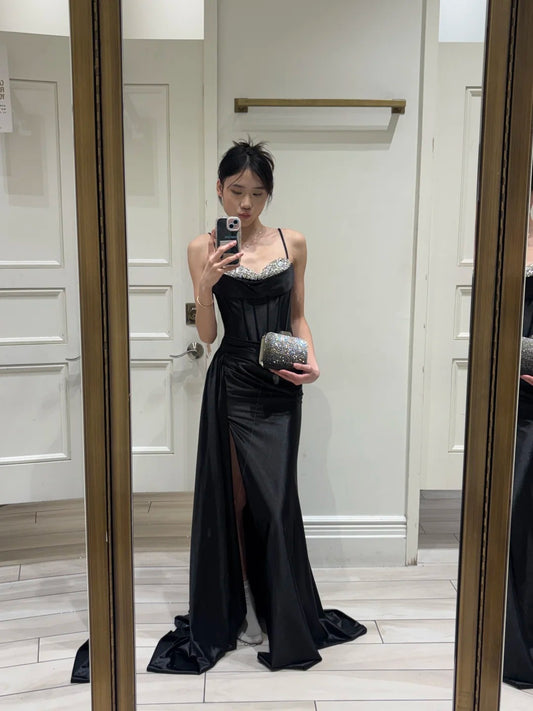 Elegant Blake A-Line Spaghetti Strap Rhinestone Corset Slit Satin Dress Prom Evening Dress L317