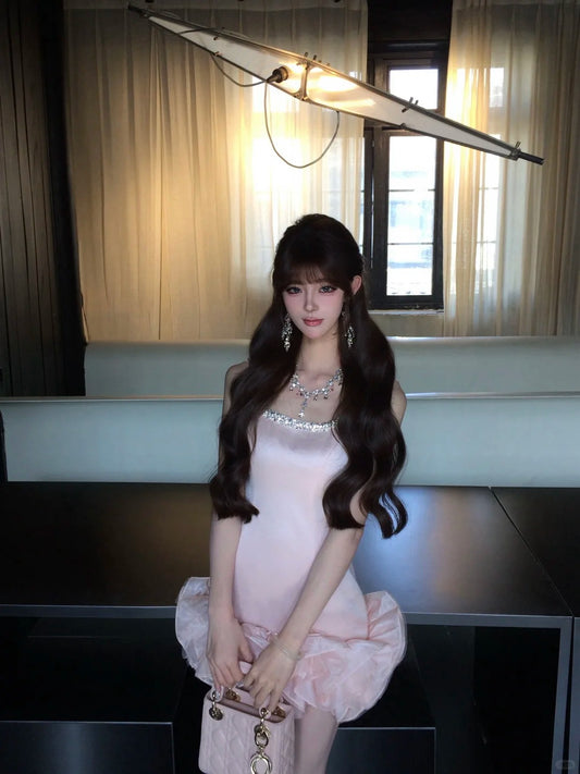 Sweet Light Pink A-Line Square Rhinestone Satin Dress Homecoming Dress Party Dress L318