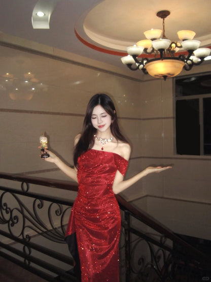 Sparkling Red Sheath Off-The-Shoulder Sequins Tulle Dress Prom Dress Evening Dress L320