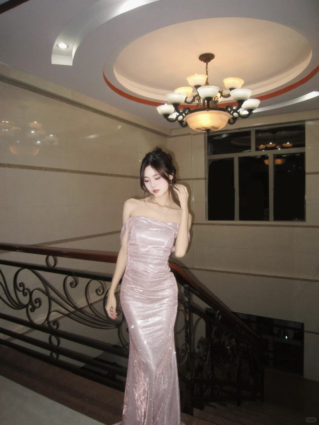 Sparkling Light Pink Mermaid Off-The-Shoulder Sequins Ruched Tulle Dress Prom Dress Evening Dress L322