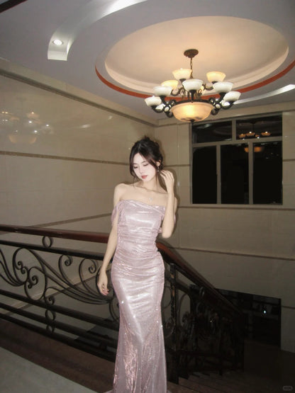 Sparkling Light Pink Mermaid Off-The-Shoulder Sequins Ruched Tulle Dress Prom Dress Evening Dress L322