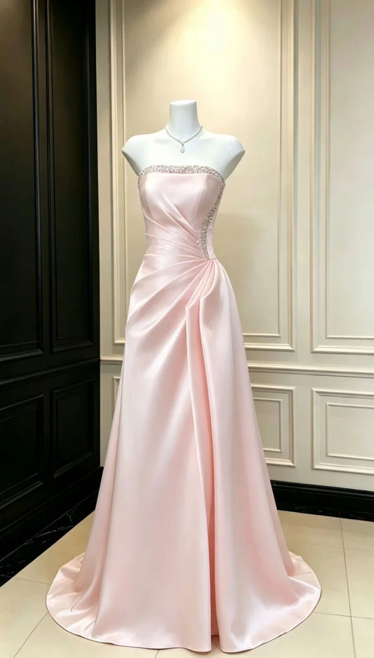 Princess Light Pink A-Line Strapless Rhinestone Ruched Satin Dress Prom Dress Evening Dress L324