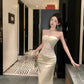 Chic Cream Mermaid Strapless Sequins Beaded Corset Satin Dress Prom Dress Evening Dress L325