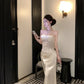 Chic Cream Mermaid Strapless Sequins Beaded Corset Satin Dress Prom Dress Evening Dress L325