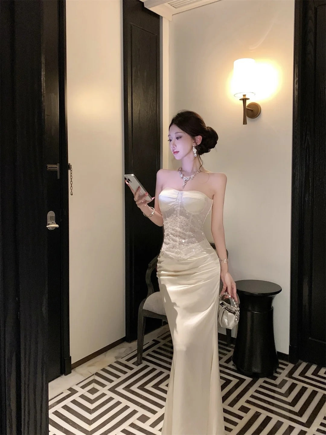 Chic Cream Mermaid Strapless Sequins Beaded Corset Satin Dress Prom Dress Evening Dress L325