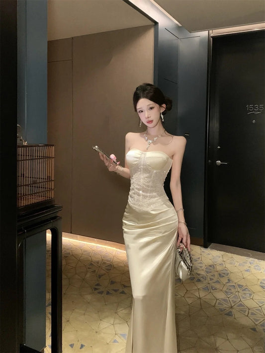 Chic Cream Mermaid Strapless Sequins Beaded Corset Satin Dress Prom Dress Evening Dress L325