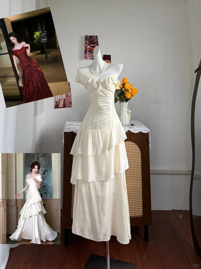 Simple White A-Line Asymmetrical Ruched Ruffled Chiffon Dress Prom Dress Evening Dress L327