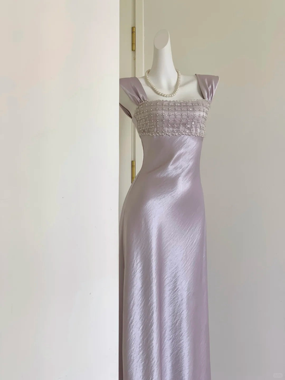 Classy Purple Sheath Square Beaded Sequins Satin Dress Prom Dress Evening Dress L328