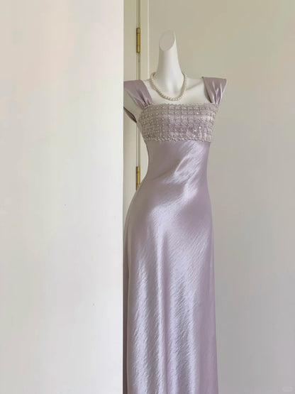 Classy Purple Sheath Square Beaded Sequins Satin Dress Prom Dress Evening Dress L328