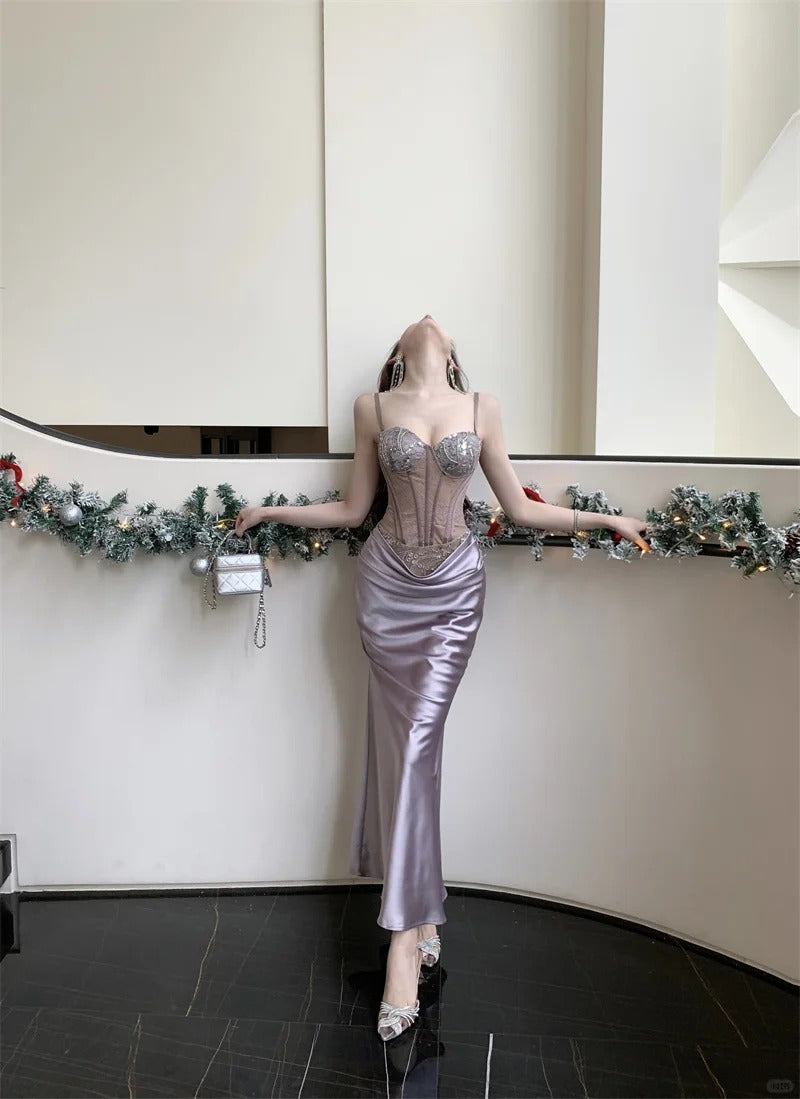 Gorgeous Purple Mermaid Spaghetti Strap Rhinestone Sequins Satin Dress Prom Evening Dress L329