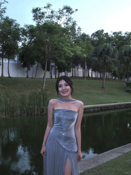 Dreamy Blue A-Line Strapless Sequins Slit Tulle Dress Prom Dress Evening Dress L330