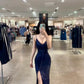 Pretty Navy Sheath Spaghetti Strap Rhinestone Sequins Tulle Dress Prom Dress Evening Dress L332