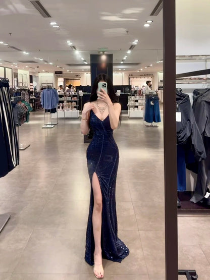 Pretty Navy Sheath Spaghetti Strap Rhinestone Sequins Tulle Dress Prom Dress Evening Dress L332