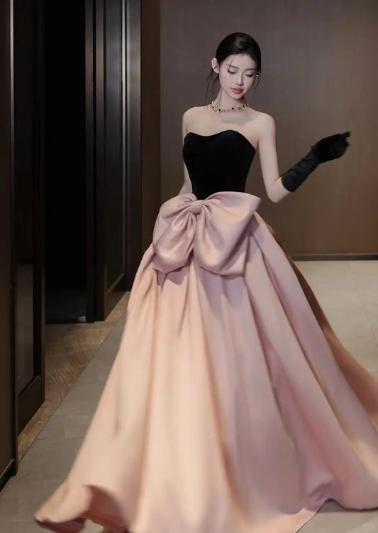 Princess Black And Pink Ball Gown Strapless Bow Satin Dress Quinceanera Dress 16 L333