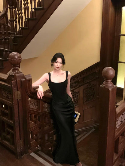 Elegant Black Sheath Square Ruched Corset Satin Dress Prom Dress Evening Dress L335