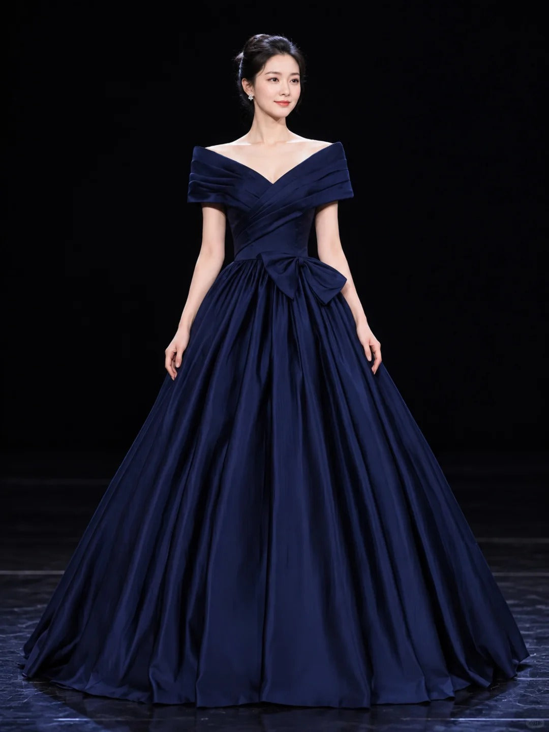 Pretty Navy Ball Gown Off-The-Shoulder Bow Ruched Satin Dress Quinceanera Dress 16 L337