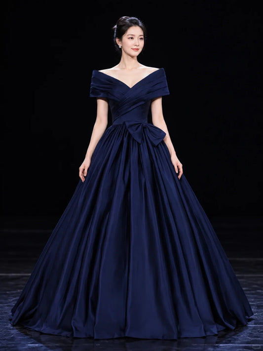 Pretty Navy Ball Gown Off-The-Shoulder Bow Ruched Satin Dress Quinceanera Dress 16 L337