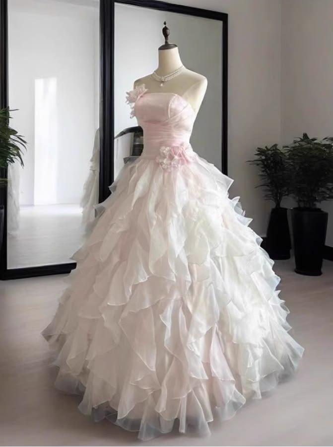 Sweet Pink Ball Gown Strapless Handmade Flowers Ruched Tulle Dress Quinceanera Dress 16 L338