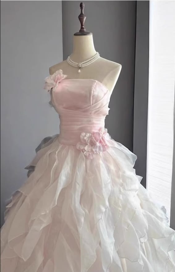 Sweet Pink Ball Gown Strapless Handmade Flowers Ruched Tulle Dress Quinceanera Dress 16 L338