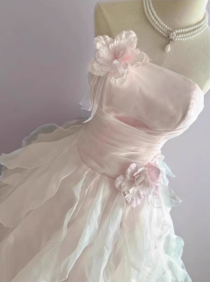 Sweet Pink Ball Gown Strapless Handmade Flowers Ruched Tulle Dress Quinceanera Dress 16 L338