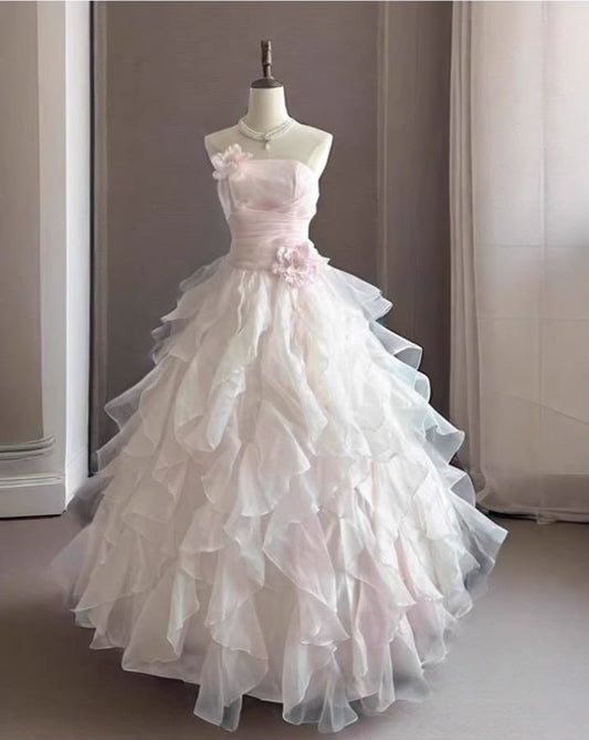 Sweet Pink Ball Gown Strapless Handmade Flowers Ruched Tulle Dress Quinceanera Dress 16 L338