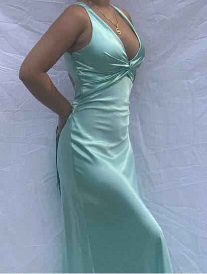 Sexy Mint Green Sheath V-Neck Ruched Satin Dress Prom Dress Evening Dress L339