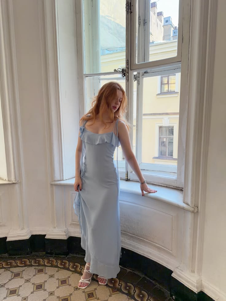 Chic Light Blue Sheath Spaghetti Strap Ruffled Satin Dress Prom Dress Evening Dress L341