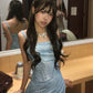 Dreamy Blue Sheath Spaghetti Strap Sequins Ruched Corset Tulle Dress Prom Dress Evening Dress L346