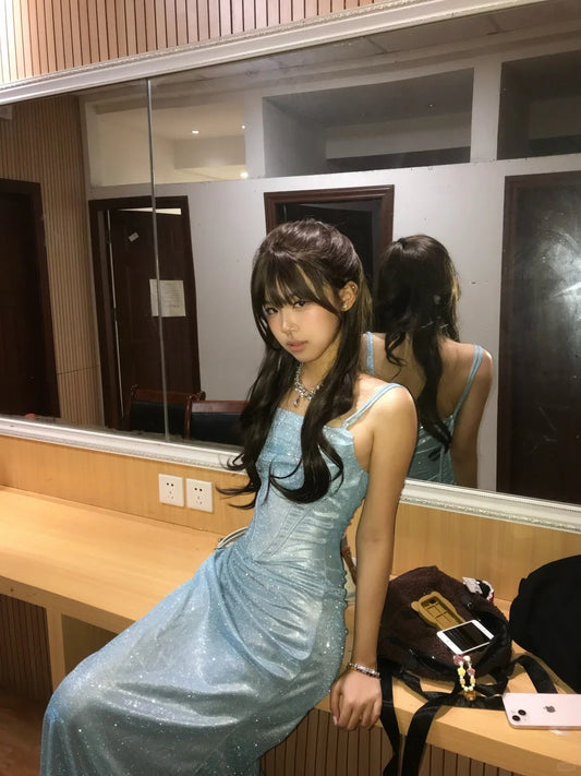 Dreamy Blue Sheath Spaghetti Strap Sequins Ruched Corset Tulle Dress Prom Dress Evening Dress L346