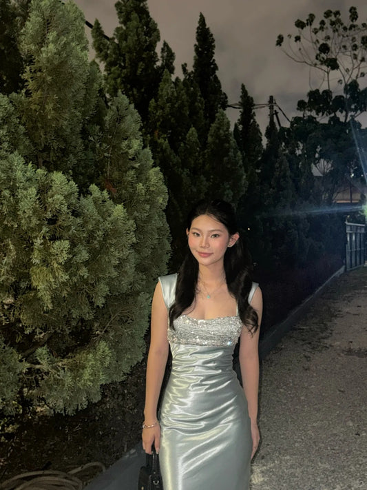 Classy Mint Green Sheath Square Rhinestone Satin Dress Prom Dress Evening Dress L347