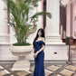 Classy Navy Mermaid Off-The-Shoulder Ruched Slit Corset Satin Dress Prom Dress Evening Dress L348