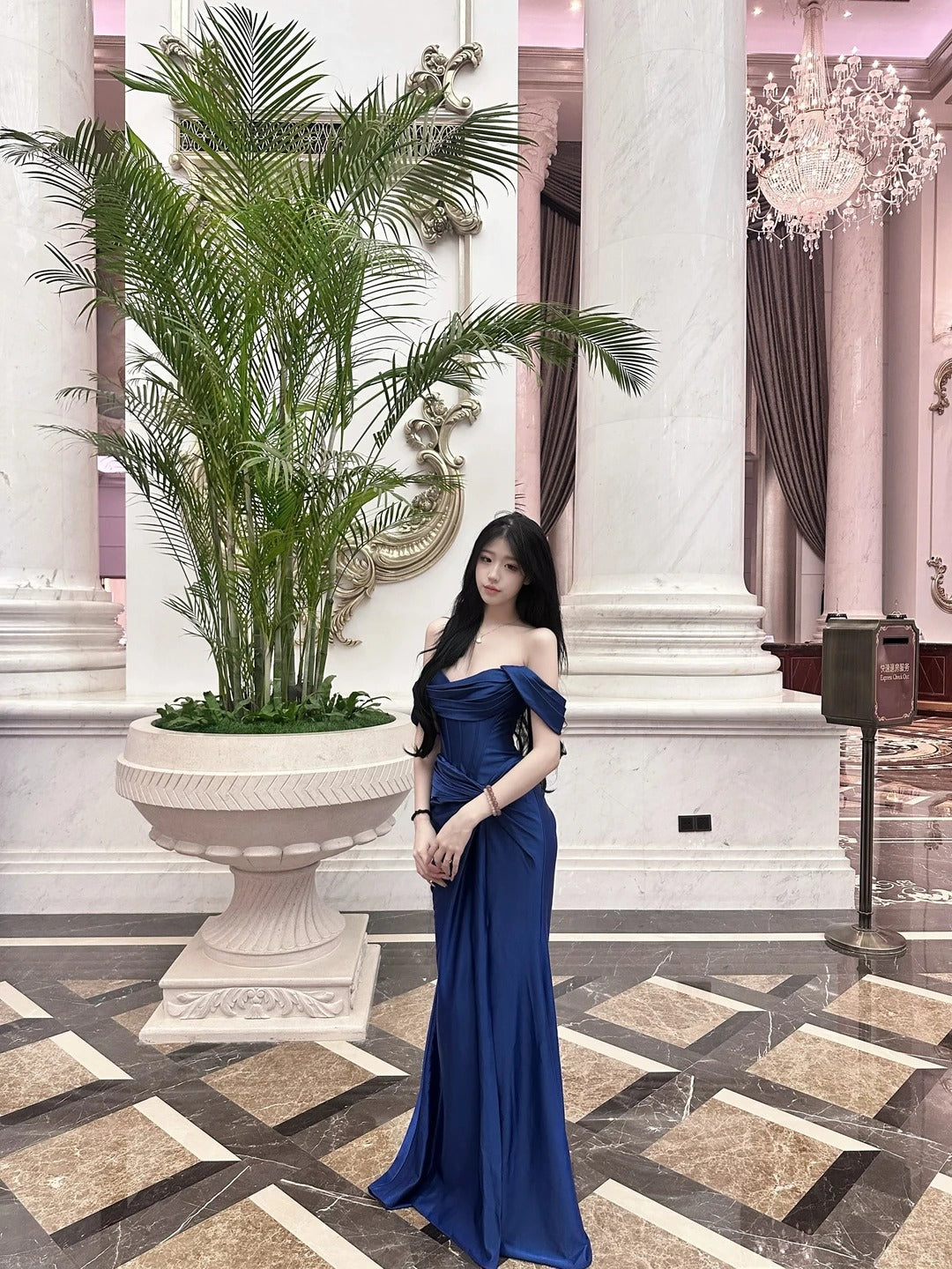 Classy Navy Mermaid Off-The-Shoulder Ruched Slit Corset Satin Dress Prom Dress Evening Dress L348